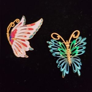 Two Vintage Enamel Butterfly Brooches Iridescent and Cloisonne 1980's